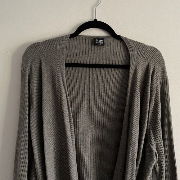 Eileen Fisher Woman Gray Sheer Ribbed Knit Tie Front Cardigan Sweater Size 1X - Picture 8 of 16